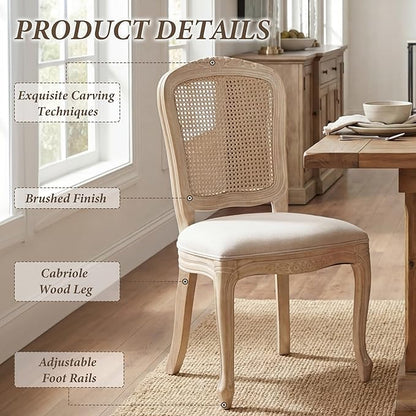 Wicker Dining Chairs Set of 2, Upholstered Linen Fabric Dining Room Chairs with Square High Rattan Back Farmhouse French Kitchen Chairs for Dining Table/Living Room/Restaurant, Cream