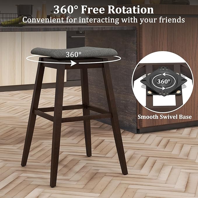 COSTWAY Swivel Bar Stools Set of 4, 30-inch Height Backless Upholstered Chairs with Padded Contoured Seat, Rubber Wood Legs, Footrest, Linen Fabric Barstools for Kitchen Counter Island, Grey+Brown