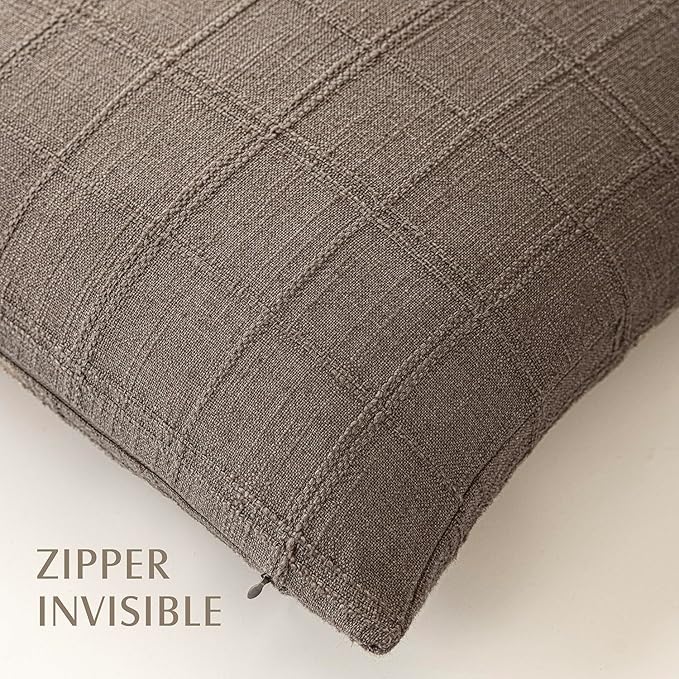 Foindtower Set of 2 Decorative Linen Check Throw Pillow Covers Neutral Farmhouse Vintage Cushion Covers Modern Boho Home Decor for Sofa Chair Couch Bedroom Living Room,22×22 Inch,Taupe Grey