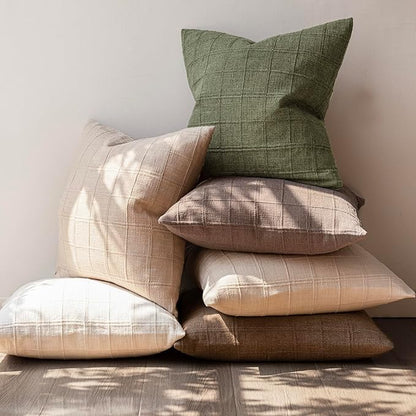 Foindtower Set of 2 Decorative Linen Check Throw Pillow Covers Neutral Farmhouse Vintage Cushion Covers Modern Boho Home Decor for Sofa Chair Couch Bedroom Living Room,26×26 Inch,Sage Green