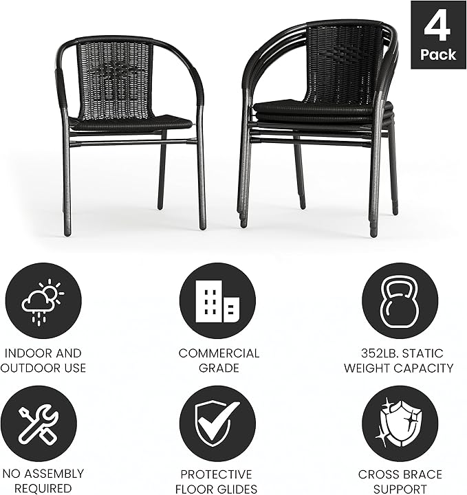 EMMA + OLIVER Set of 4 Modern Rattan Indoor/Outdoor Stack Chairs, Stacking Rattan Patio Chairs with Curved Back and Cross Bracing, Black