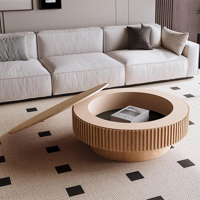 39.37'' Round Coffee Table for Living Room, Fluted Tea Table with Hidden Storage, Solid Wood Circle Coffee Table, Modern Tea Table for Small Space Apartment-Natural Wood 39.37''D×13.78''H