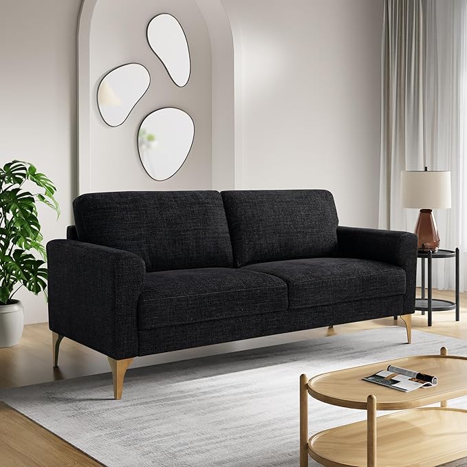 Studio Living® Matthew 75.6" Sofa, Mid-Century Modern, Pocket Coil Comfort, Metal Brushed Bronze Legs, Chenille Fabric, Black