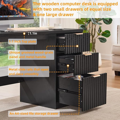 48" Modern Fluted Executive Desk with Storage Cabinet, Black Wood Home Office Desk with File Drawer & Metal Handles, Large Computer Writing Table for Office,Study, Living Room, Bedroom