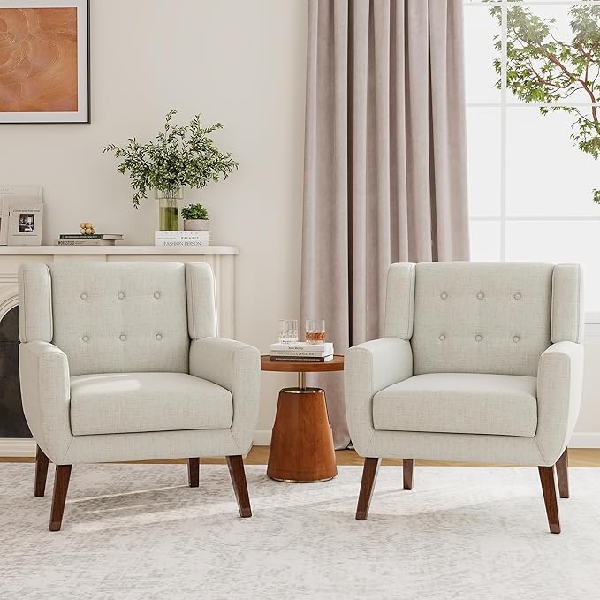 Accent Chairs Set of 2, Modern Fabric Armchairs for Living Room, Comfy Upholstered Arm Chairs Tufted for Indoor Bedroom Office Room (Beige)