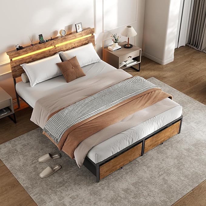 Forestell Queen Bed Frame with Wood Headboard, Metal Platform Bed with 2 Storage Drawers & Shelf, Built-in Charging Station & LED Lights, No Box Spring Needed, Vintage Brown, Cama Queen Size
