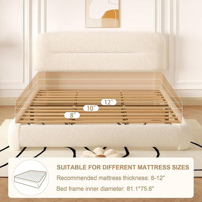 King Size Cloud Bed Frame, Upholstered Boucle Platform Bed with Adjustable Headboard, Anti-Collision Soft Rounded Corners, Noise Free, Easy Assembly, Cream