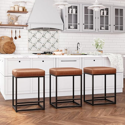 ALPHA HOME 24 Inch Counter Height Bar Stools Set of 4, Upholstered Bar Stools for Kitchen Island, Counter Stools with Faux Leather Cushion and Sturdy Metal Frame, Modern Barstools, Caramel