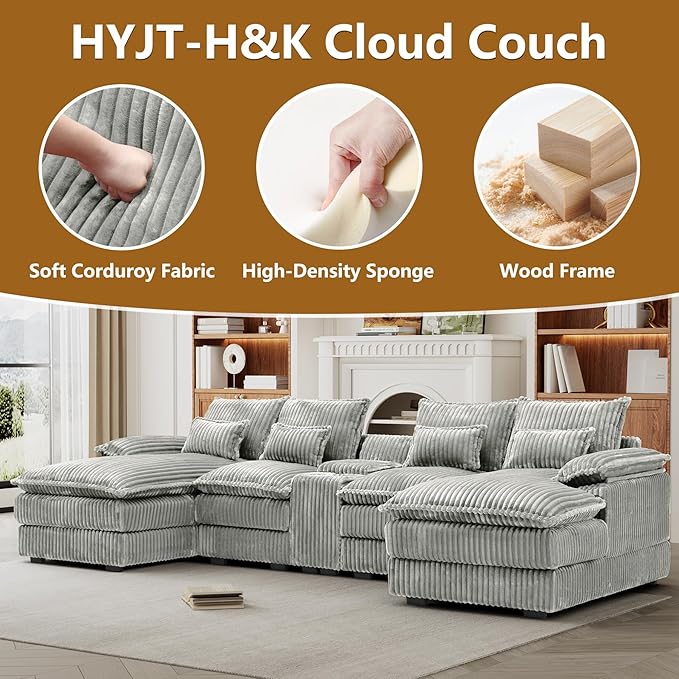 HYJT-H&K 124" U Shaped Cloud Couch Sectional, Comfy Fluffy Plush Corduroy Light Grey Sectional Couches for Living Room, Modern Modular Corduroy Couch Sectionals with Central Console & Double Chaise