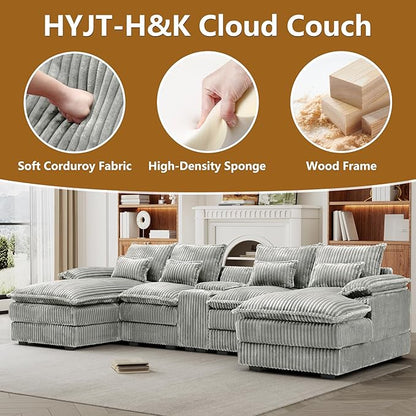 HYJT-H&K 124" U Shaped Cloud Couch Sectional, Comfy Fluffy Plush Corduroy Light Grey Sectional Couches for Living Room, Modern Modular Corduroy Couch Sectionals with Central Console & Double Chaise