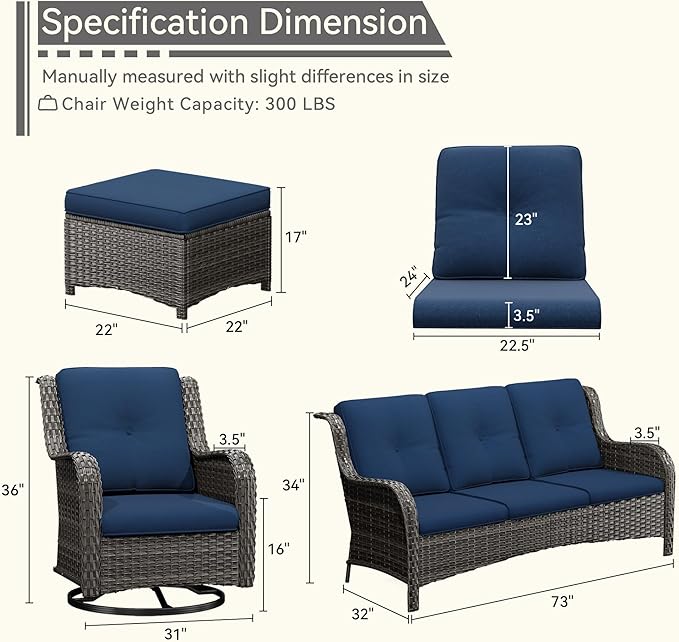 5 Pieces Outdoor Patio Furniture Set - Conversation Set Includes Wicker Swivel Rocker Chairs Set of 2, 2 Ottoman, 3 Seat Sofa, Suitable for Porch, Yard, Mixed Brown Rattan, Blue