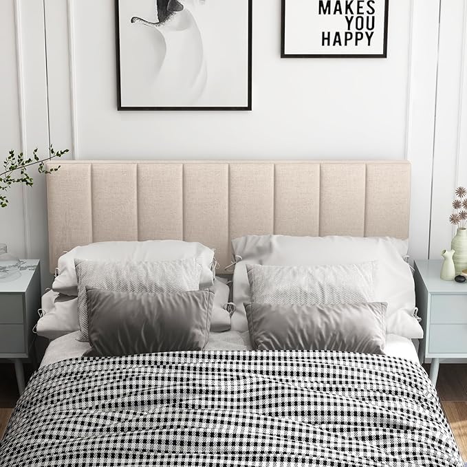 KOMFOTT Linen Upholstered Headboard for Full & Queen Size Bed, Vertical Channel Tufted Rectangular Headboard with Solid Wood Legs & Adjustable Width, Padded Bed Backboard, Easy Assembly, Beige