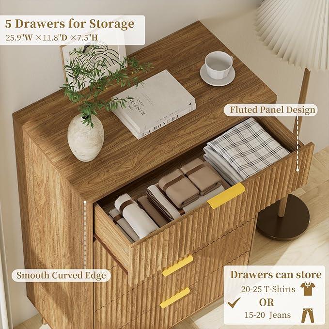 LYNSOM Fluted Dresser and Nightstand Sets 4 Piece, 1-Drawer Nightstands and 5/7 Drawers Dresser, Wood Bedroom Furniture Set for Home, Bedroom, Hallway, Natural Oak