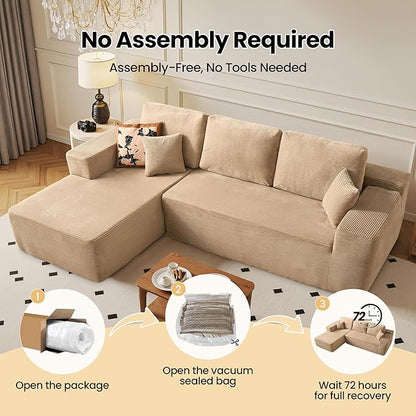 104" Cloud Sectional Couch with Chaise, Boneless L-Shaped Cloud Couch with Deep Seat, Corduroy Modern Minimalist Sofa, Assembly Free Comfy Sofa for Office Living Room Apartment(Camel, Left Chaise)