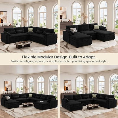 Belffin Large Modular Sectional Sofa with Deep Chaise, 104" Corduroy L Shaped Couch with 9" Soft Dual-Layer Seats Cushion for Living Room, Apartment, Black