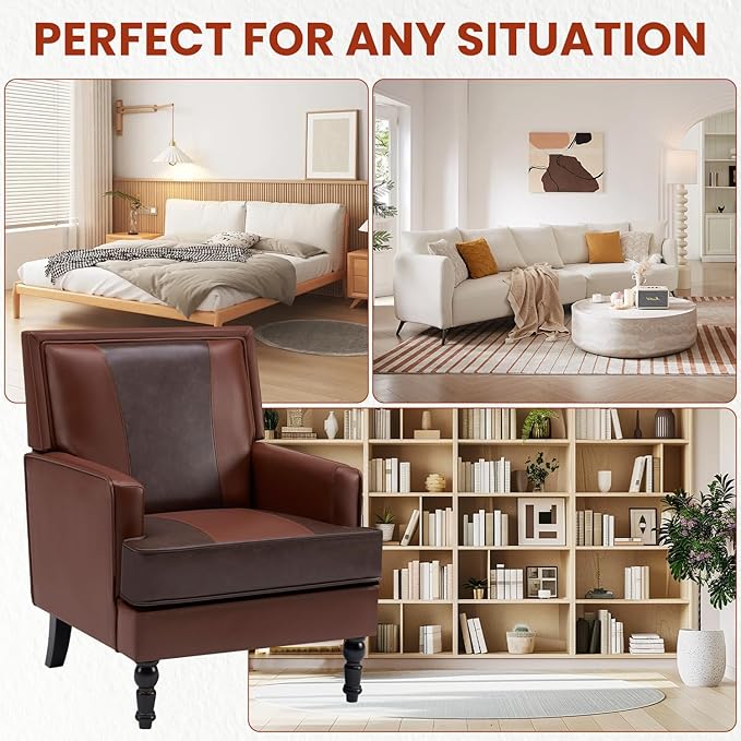 MOJAY Faux Leather Accent Chairs Set of 2, Mid-Century Modern Upholstered Lounge Armchair, Comfy Club Chair for Living Room, Bedroom, Study & Reception (Brown)