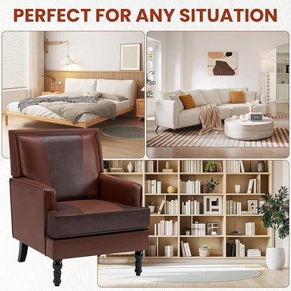 MOJAY Faux Leather Accent Chairs Set of 2, Mid-Century Modern Upholstered Lounge Armchair, Comfy Club Chair for Living Room, Bedroom, Study & Reception (Brown)