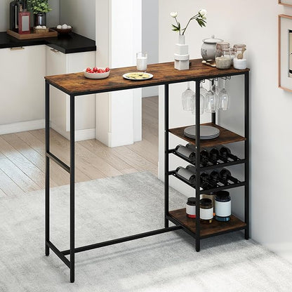 COSTWAY 48" Long Bar Table, Bar Height Dining Table with Storage Shelves, Wine Racks & Stemware Holders, Industrial Breakfast Table for Kitchen Living Room Behind Couch, Rustic Brown