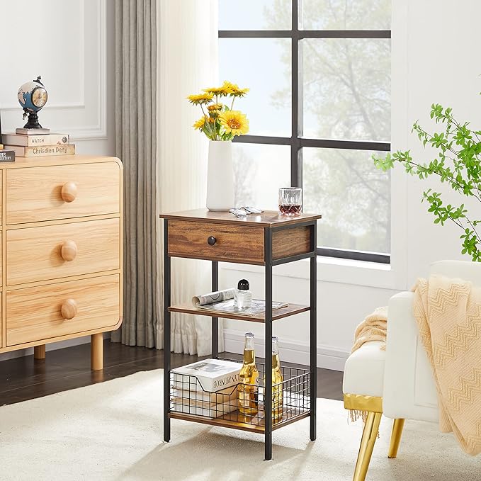 VECELO Tall End Side Tables,27 Inch Night Stand with U-Shape Basket and Storage Drawer/Shelf for Living Room/Bedroom/Small Spaces,Set of 2,Brown