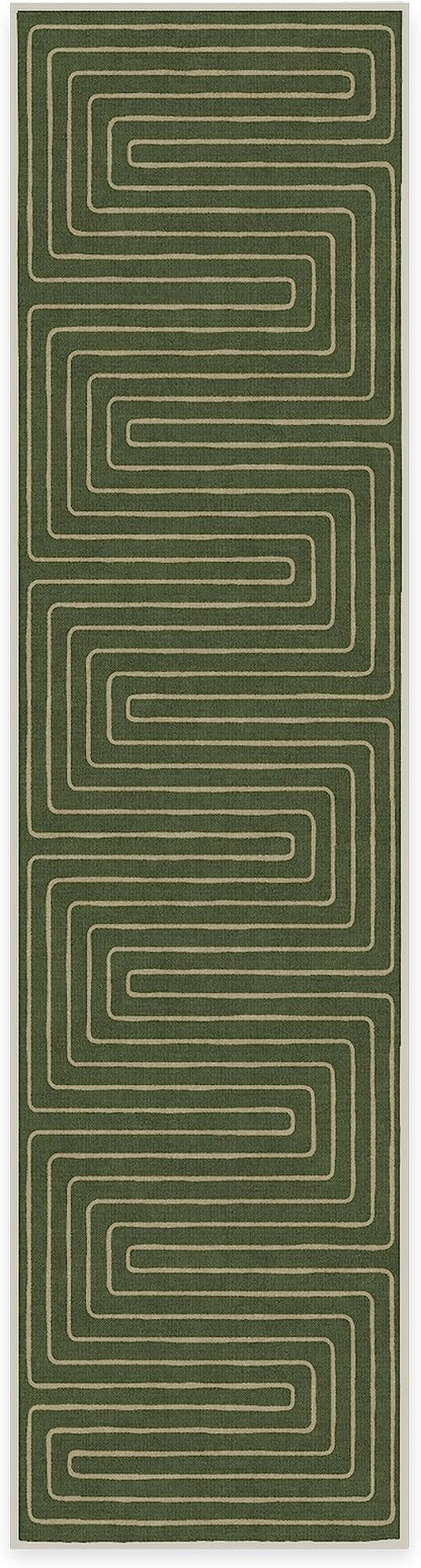 RUGGABLE x Jonathan Adler Machine Washable Modern Runner Rug – Labyrinth Fern Green 2.5x10, Stain-Resistant, Non-Slip – Washable Rug for Hallway, Entryway, Living Room & Kitchen–with Cushioned Pad
