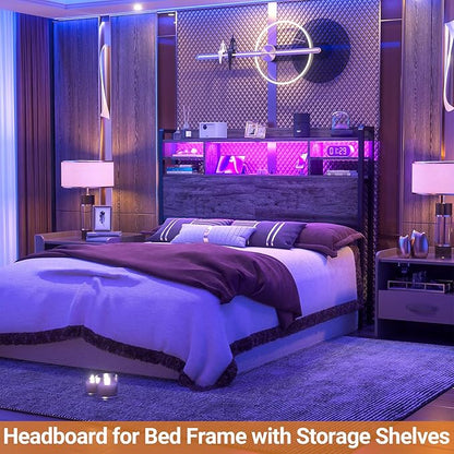 Aheaplus Headboard for Full Size Bed with Storage, Headboards with LED Light, Power Outlets, USB Ports Full Size Head Board, Wood headboard Only Sturdy and Stable Headboards, Modern, Black Oak