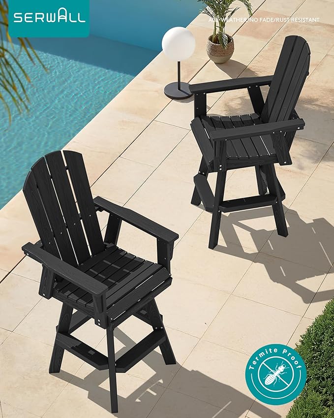 SERWALL 5-Piece Swivel Adirondack Bar Set, HDPE Swivel Bar Height Chairs Set of 4 with Bar Table, All-Weather Outdoor Barstools for Patio, Poolside, Garden, Black