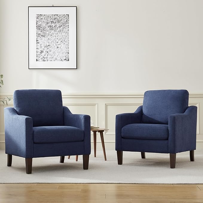VKNOW Mid Century Modern Accent Chair, Upholstered Living Room Chairs Armchair for Bedroom, Comfy Reading Accent Chairs with Wood Legs for Living Room, Navy Blue