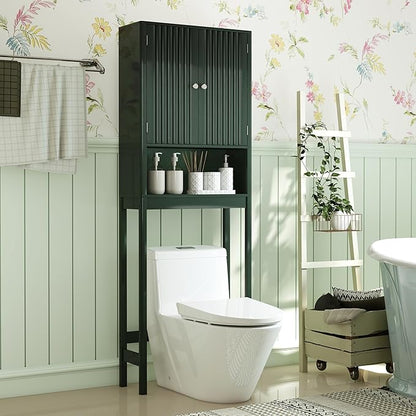 Tangkula Over The Toilet Storage Cabinet, Bathroom Space Saver with Fluted Doors Adjustable Shelf & Bottom Bar, Freestanding Above Toilet Storage Cabinet Organizer for Laundry, Restroom (Forest Green)
