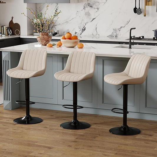 Youhauchair Bar Stools Set of 3, Swivel Counter Height Barstools with Back, Adjustable PU Leather Bar Chairs, Modern Armless Kitchen Island Stool, Beige