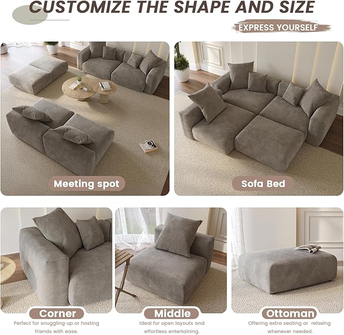 WJShome Modular Sectional Sofa Couch,181.1inch Oversized 4 Seater Couch, Upholstered with Corduroy Fabric Couches with 6 Pillows,Cushion Covers Removable& Washable