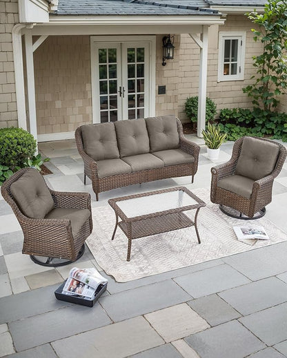 Patio Couch Outdoor Wicker Sofa - Heavy Duty All-Weather Brown Rattan 3-Seater with High Back and Comfortable Thick Cushions for Garden Back Porch Poolside Apartment - Grey