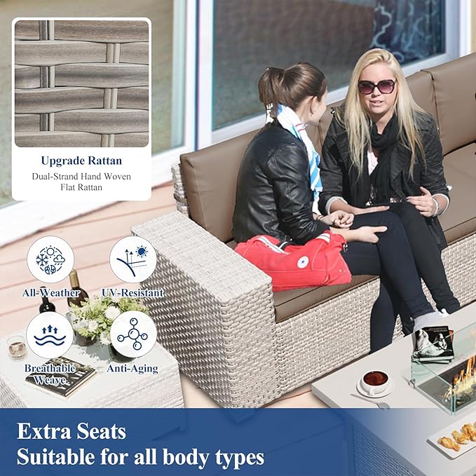12-Piece Patio Furniture Set, Outdoor Extra Wide Armrest Modular Patio Sofa, Dual-Strand Rattan Wicker, Rust-Resistant Frame, Backyard High Back, Large Seat Furniture for Porch Garden Balcony, Khaki