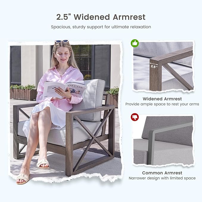 UDPATIO 6 Piece Aluminum Patio Furniture Set 7 Seats Modern Outdoor Furniture Faux Wood Grain Patio Conversation Sets with Olefin Fabric Thick Cushions, 600D Waterproof Cover Included, Light Grey