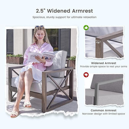 UDPATIO Aluminum Patio Furniture Set, 4 Piece Faux Wood Outdoor Patio Sets with Coffee Table, Metal Patio Furniture Set Modern Outdoor Sectional for Deck Porch Patio, Light Grey
