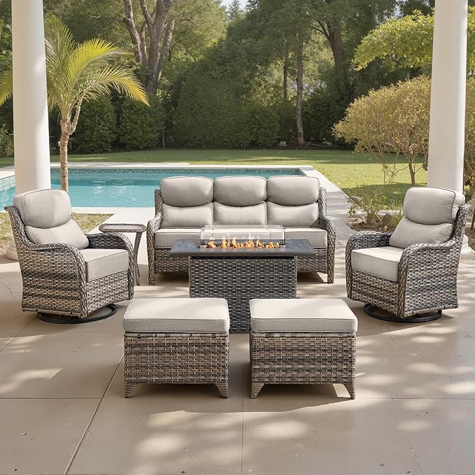 Belord Luxury 6" Thick Cushioned 7 Pieces Patio Furniture Set with Fire Pit Table, Wicker Outdoor Conversation Set with High Back Swivel Rocker Chairs for Deck Porch Yard and Poolside - Grey+Beige