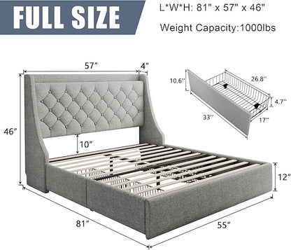 Full Size Upholstered Platform Bed Frame with 4 Storage Drawers and Charging Station, Linen Button Tufted Wingback Headboard, Sturdy Wooden Support Slats, No Box Spring Needed, Light Grey