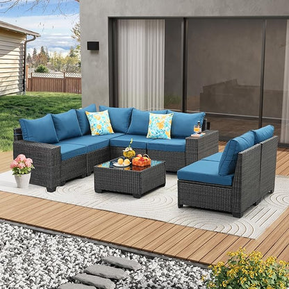 8 Pieces Patio Furniture Set All-Weather Outdoor Wicker Sectional Conversation Sofa Rattan Patio Seating Sofa with Cushion and Glass Table for Porch Poolside,Peacock Blue