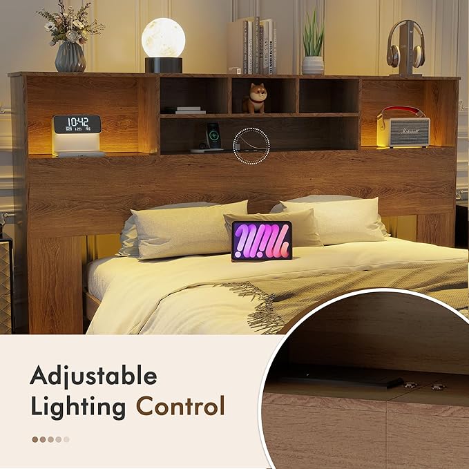 Apicizon King Size Headboard Only, King Bookcase Headboard with Charging Station for Bedroom, Storage Bookcase with USB & 2 Power Outlets, Brown