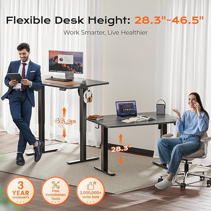 Huuger 48 x 28 Large Electric Standing Desk, Height Adjustable Desk, 27.6" Deep Desktop, Stand up Gaming, 2 Hooks, 3 Preset Heights, for Home Office, Grey