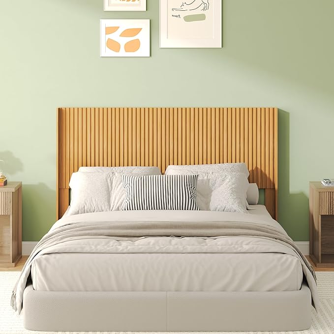 COCO DESIGN Queen Size Headboard Only, 64.3" Wide Wooden Headboard, Mid Century Modern Farmhouse Boho HeadBoard, Fluted Panel, Wingback Design, Wall Mount, Natural
