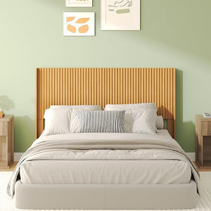 COCO DESIGN Queen Size Headboard Only, 64.3" Wide Wooden Headboard, Mid Century Modern Farmhouse Boho HeadBoard, Fluted Panel, Wingback Design, Wall Mount, Natural