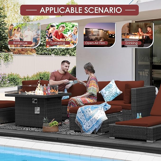 NICESOUL Backyard Furniture Set with Firepits Natural Gas/Propane, 9 Seater XL Oversized Wicker Sectional Couches, 29.3'' High Back Comfy Deep Wide Outdoor Patio Sofa Set, 2 Color Cushion Red & Gray