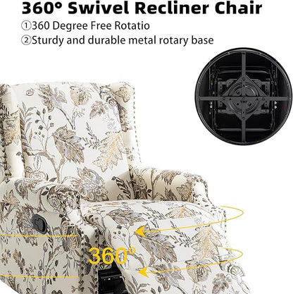Premium 360° Swivel Recliner Chair with Footrest - Luxurious Cotton Linen & Botanical Design-Cream Plant