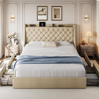 King Size Upholstered Platform Bed Frame with 4 Storage Drawers and Charging Station, Linen Button Tufted Wingback Headboard, Sturdy Wooden Support Slats, No Box Spring Needed, Beige