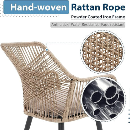 JOIVI 5 Pieces Outdoor Patio Dining Sets, Rattan Dining Chairs Set of 4 with Cushions, Outdoor Round Table with Tempered Glass Tabletop & 2.16”Umbrella Hole, Tan