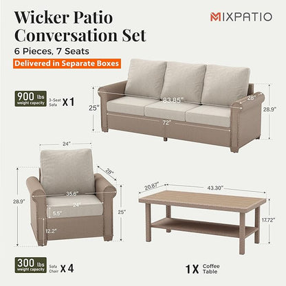 Patio Furniture Set 6 pcs, Wicker Outdoor Patio Furniture, 3-Seat Sofa, 4 Single Chairs and 56" Gas Fire Pit Table, Rattan Patio Conversation Set for Backyard Deck, Beige