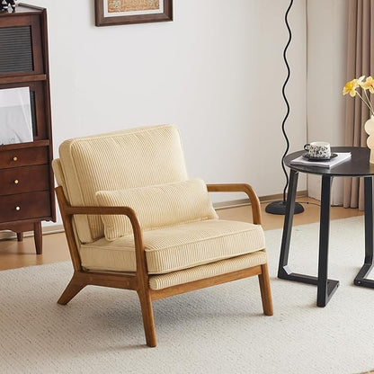 VINGLI Upgraded Premium Corduroy Accent Chairs Set of 2,Upholstered Arm Chair,Solid Wood Comfy Reading Chair with Lumbar Pillow, Mid Century Modern Chairs for Living Room,Bedroom,Dark Beige