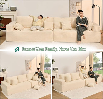 138" Modular Sofa Memory Foam Sectional Couches for Living Room, Sleeper Sofa Bed, Corduroy, White