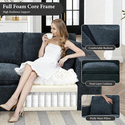 108" Sectional Couches for Living Room Boneless Couch Upholstered Cloud Couch Sectional Modular Sectional Sofa with L Shaped (Chenille-Blue, 3 Seat+2 Ottoman)