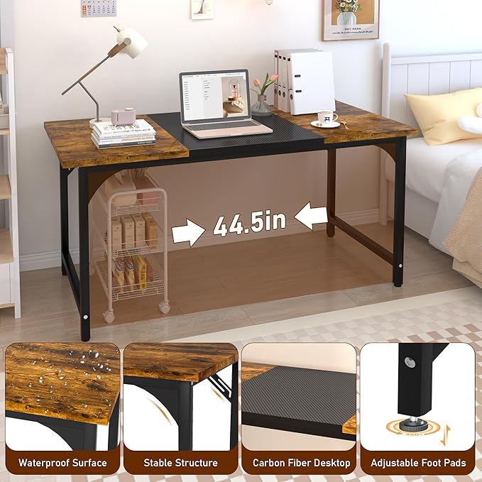 StarGraph Modern Computer Desk 55 Inch Large Office Desk with Carbon Fiber Desktop Home Office Desks with Sturdy Metal Frame Gaming Study Writing Work from Home Desks, Rustic Brown
